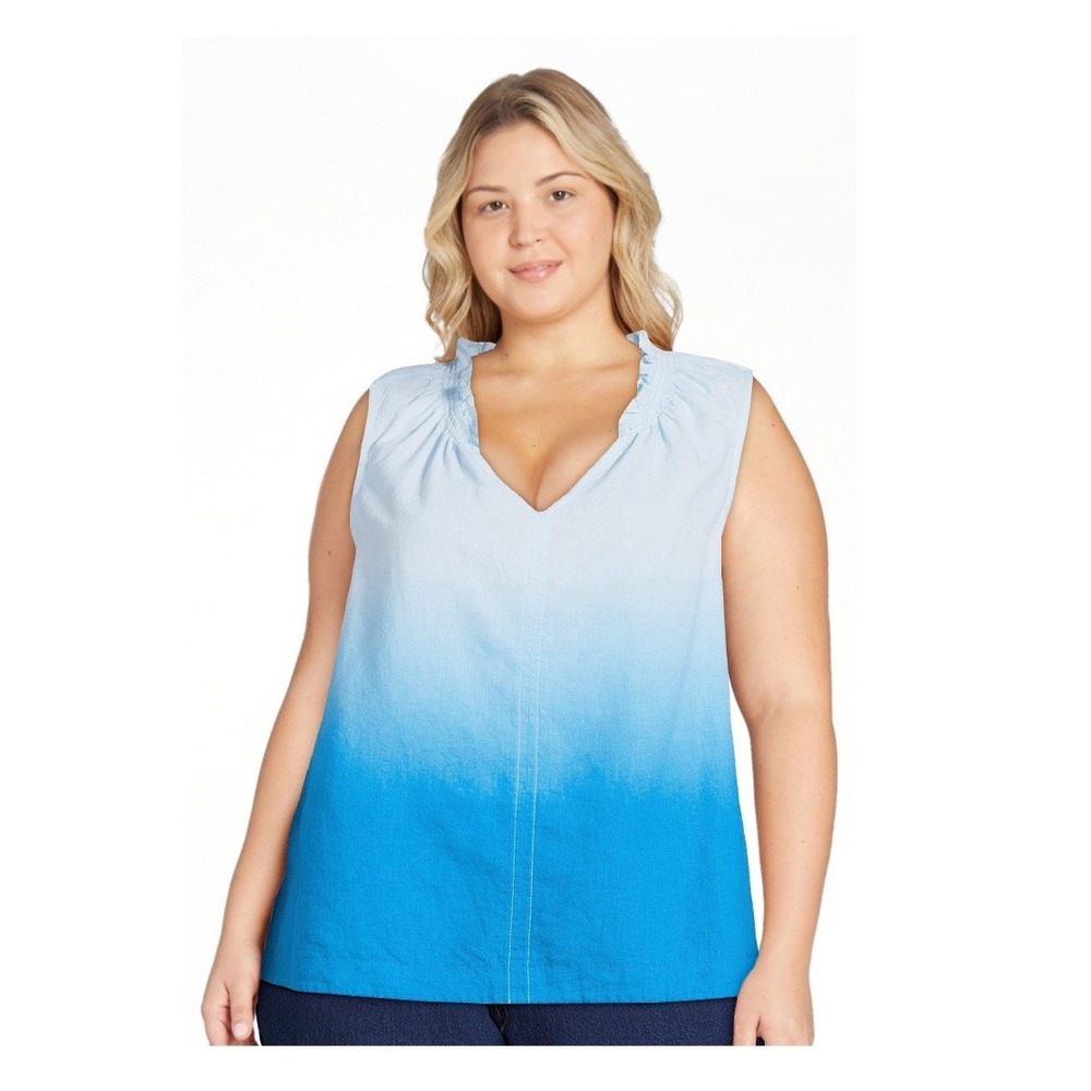 NEW Time & Tru Linen Tank Top Women XXXL 22 Blue Flowy Boho Resort Beach Coastal